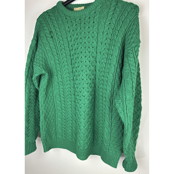 *Flawed Carraig Donn Pure New Wool Cable Knit Fisherman Sweater Green Mens Large - Picture 5 of 11